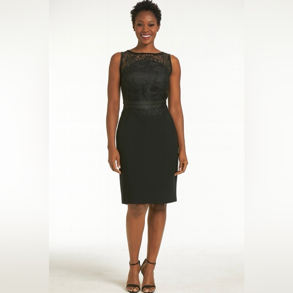Theia lace black cocktail sheath dress satin waistband formal luxury womens 8